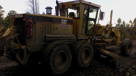 Motoniveladora Caterpillar en faena forestal